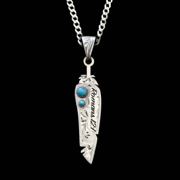 Customize our Feather Custom Pendant with your favorite Bible Verse or lettering. Built on a hand engraved silver base with turquoise stones. Pair it with a sterling silver chain and bracelet today!